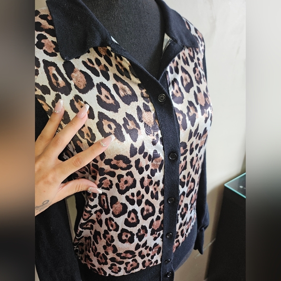 Designer Pink Tartan Womens Black Cheetah Satin Cardigan Button Up Blouse Top - Picture 6 of 7